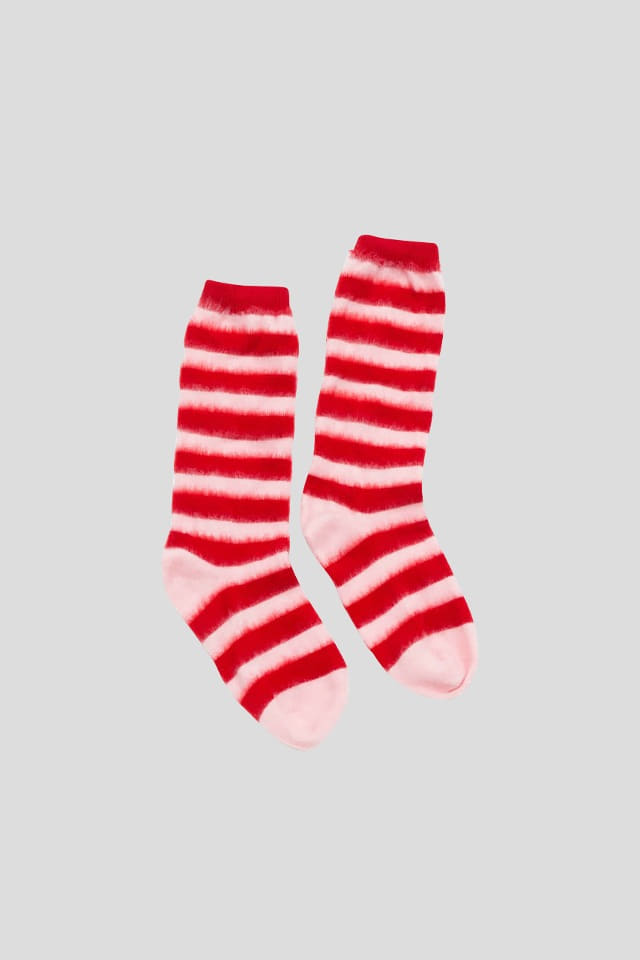 Fluffy stripe socks - RED&amp;PINK